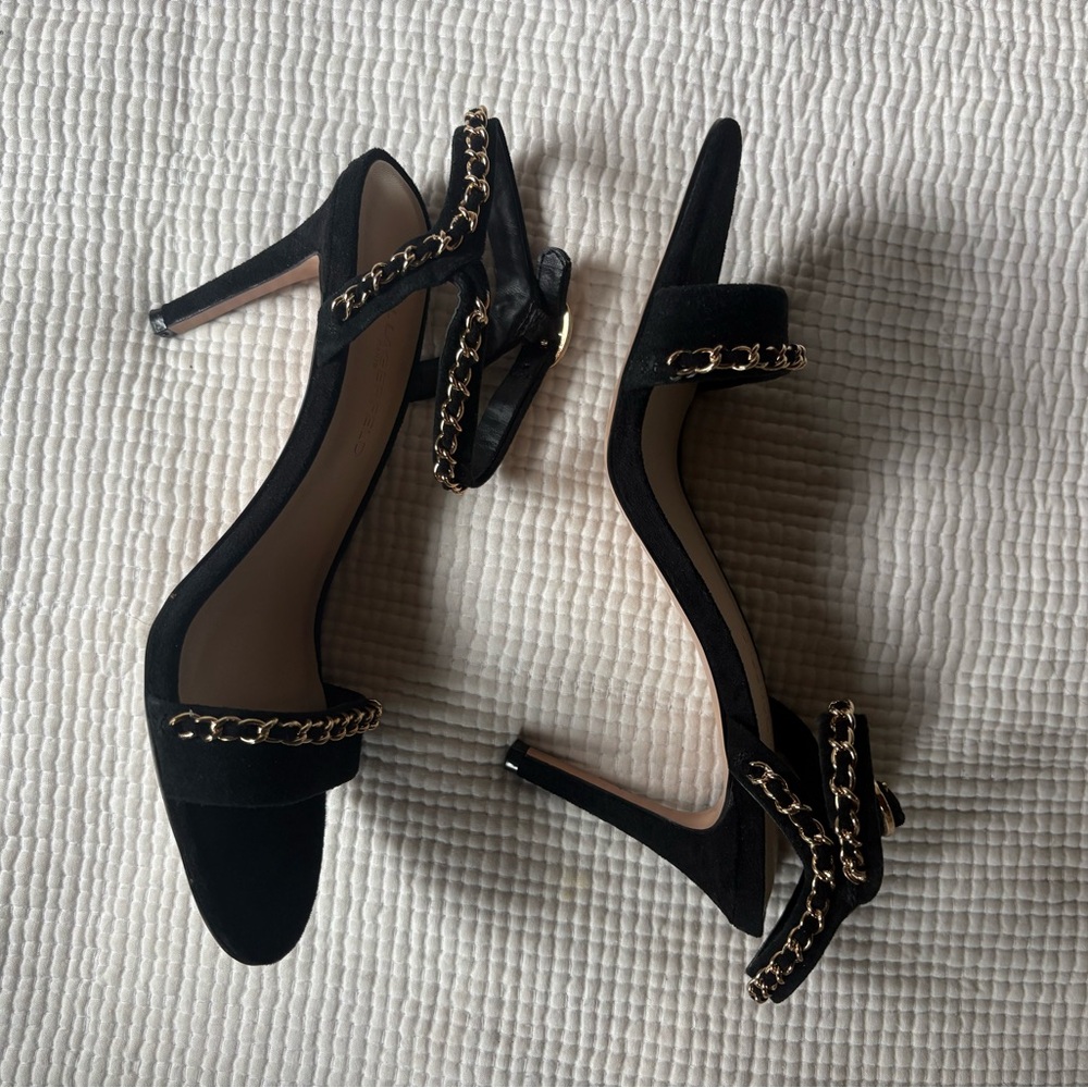 Karl Lagerfeld Black Suede Ankle-Strap Sandal with Gold Chain